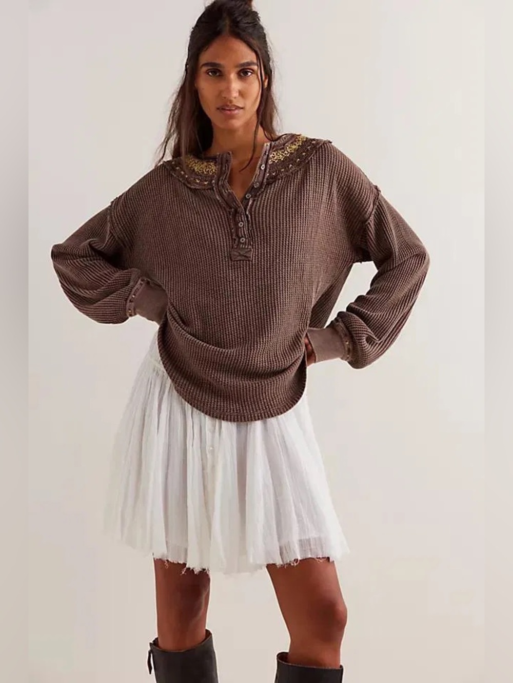 Free People We The Free Shirt Womens Large Brown Thermal Holly Henley Brown